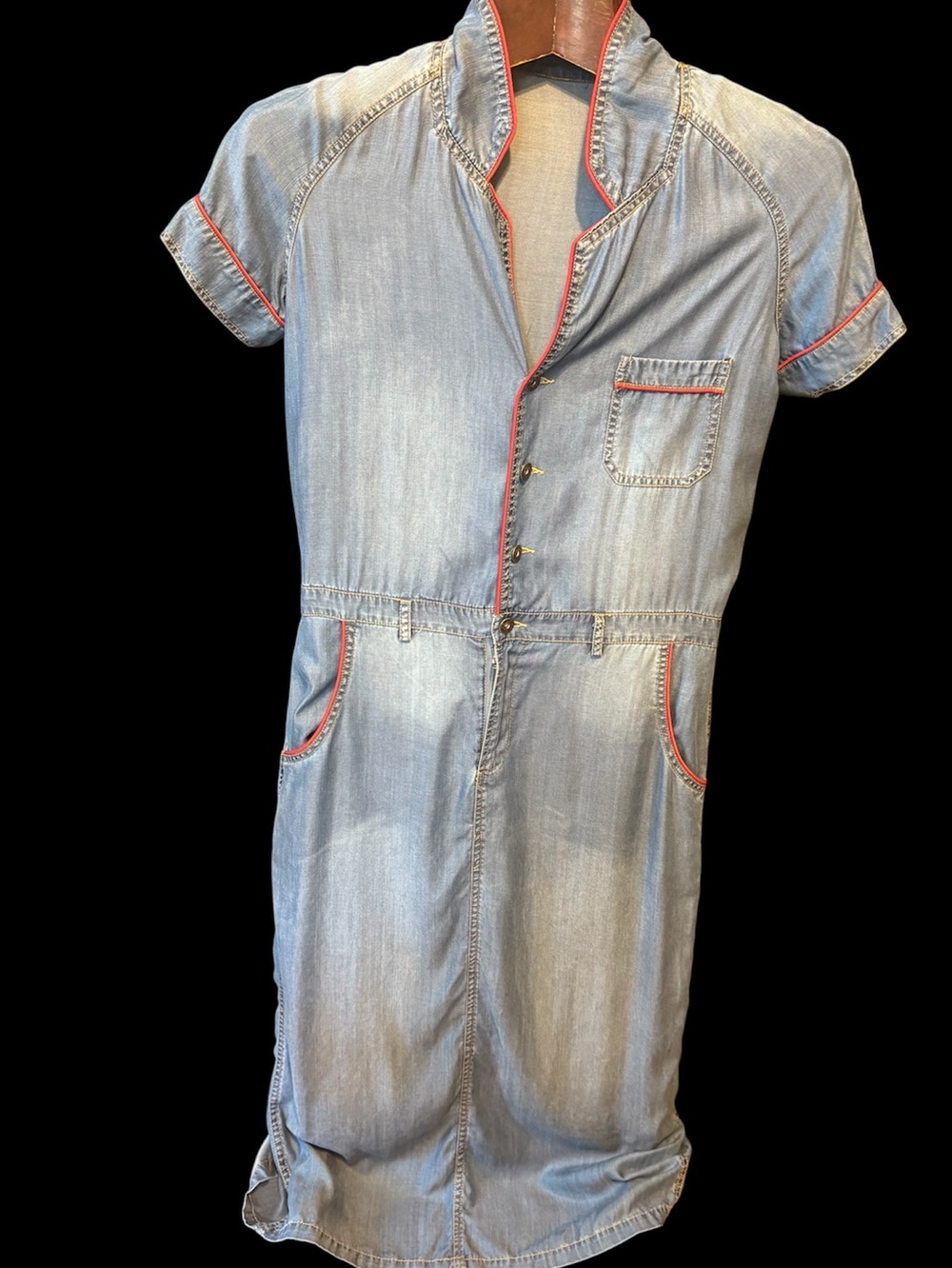 Made in Italy size S thin Denim Short Sleeve Button Front Dress with Coral Trim
